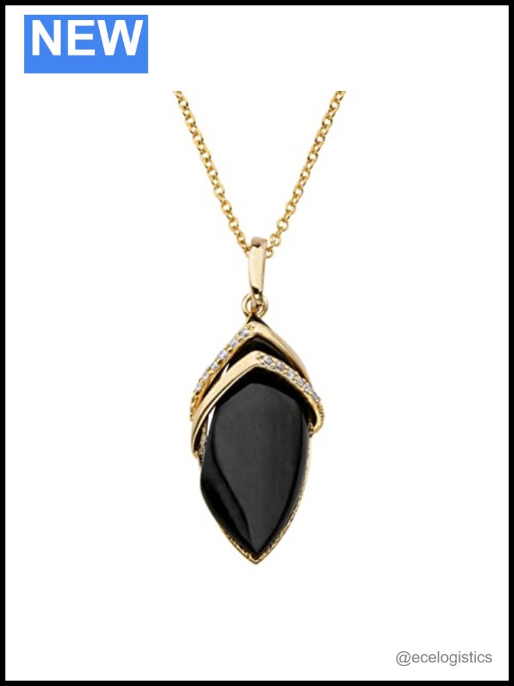 Yellow Gold-plated Marquise Black Onyx Pendant Necklace 18 inch Chain